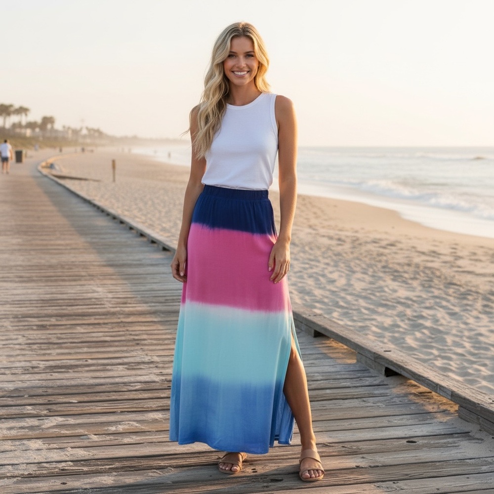 NWT Chaser Stretch Silky Side Slit Maxi Skirt Summer Vacation Tie‎ Dye Resort